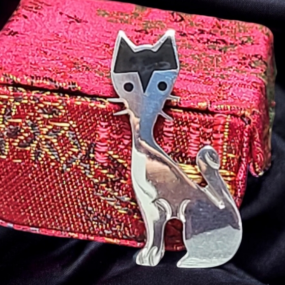 Super cute vintage sterling silver Taxco Mexico onyx cat brooch/pendant - Picture 2 of 7